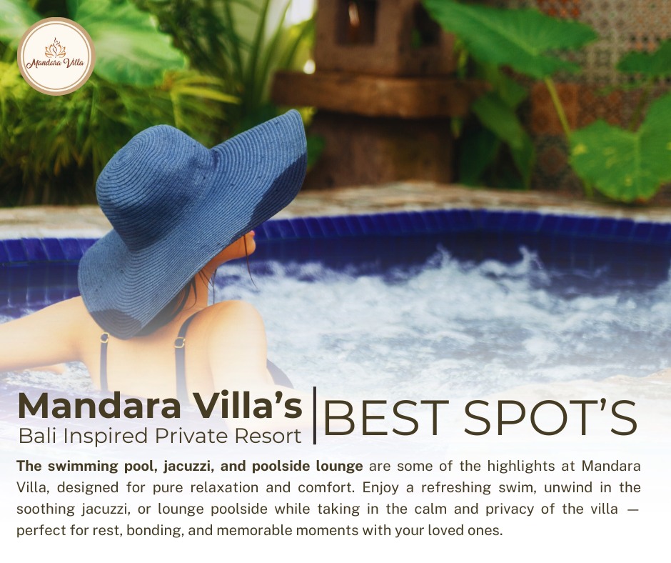 Woman relaxing in the heated jacuzzi surrounded by tropical plants at Mandara Villa
